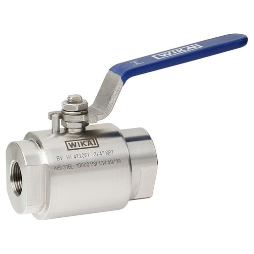 [81640488] Wika BV Series Ball Valve, 316/316L SS, 1/4" NPTF to 1/4" NPTF, 6000 psi, 0.39 in. (10 mm) Bore
