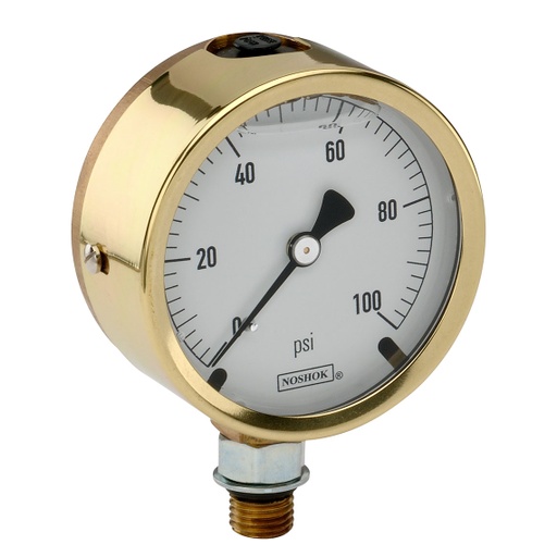 [25-300-600-PSI-SST-MIP] 300 Series Brass Case Liquid Filled Pressure Gauge, 0 psi to 600 psi, Maximum Indicating Pointer