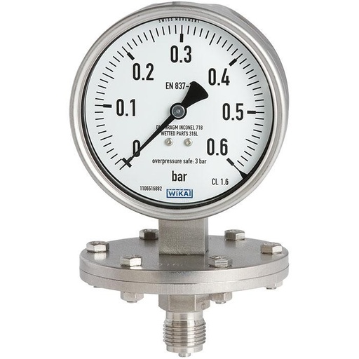 [52782725] Wika 433.50 Series Stainless Steel Liquid Filled Diaphram Pressure Gauge, 0 to 200 psi, PTFE Diaphragm