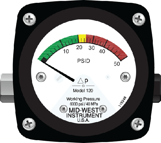 [120AA-00-O-CA / 0-75 PSID] Mid-West 120 Aluminum Differential Pressure Gauge, 2.5" Dial, 0 to 3000 psig (0 to 75 psid), 1/4 NPTF SS Back Mount