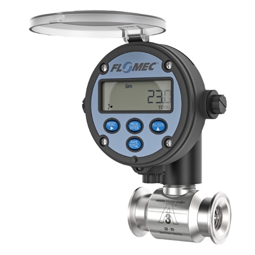 [GSCPS-150-RT14] Flomec GSCPS Series Turbine Flow Meter, 1-1/2" & 1-1/1" Tri-Clamp, Battery Powered Display, 3A Food Grade, Stainless Steel Body for Food Processes