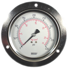 [52886510] Wika 213.53 Series Glycerin Filled Industrial Pressure Gauge, 4" Dial, 0 to 400 psi (kg/cm2), 1/4 NPT Brass Lower Back Mount, Front Flange Panel Mount
