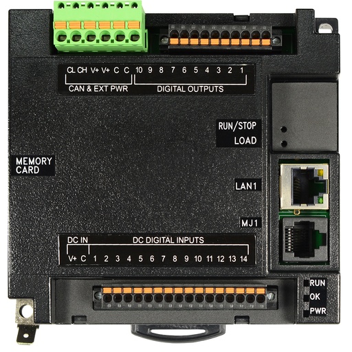 [HE-RCC1410] Currently only available as (-75) variant RCC Logic controller without display. 14 digital DC inputs,10 digital outputs, RS-485 & RS-232, CAN, 10/100 Ethernet.