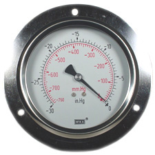 [52971802] Wika 213.53 Series 4" Brass Industrial Pressure Gauge, -30 inHg/0 psi, 2nd Scale mmHg, 1/4 NPT LBPM, Liquid Filled