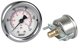 [52863071] Wika 212.53 Series 2" SS Pressure Gauge, 0 to 1500 psi, 2nd Scale bar, 1/4 NPT, U-Clamp Panel Mount, Crimped Ring, Ready to Fill