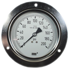 [76209432] Wika 232.53 Series Dry Pressure Gauge, 4" Dial, 0 to 600 psi, 1/2 NPT SS Lower Back Mount, Front Flange, O2 Cleaned