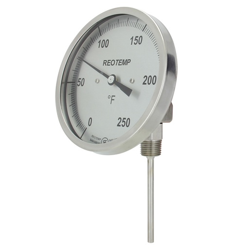 [JJ0601F43] Reotemp Bimetal Dial Thermometer, 5" Dial, Adj. Angle/Reset, 6" Stem, 1/2" NPT, 0/200°F