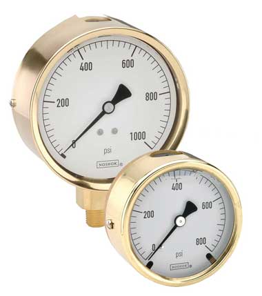 [25-300-300-psi-SST-MIP] Noshok 300 Series Pressure Gauge, 2.5" Brass Case, Copper Alloy Internals, 300 psi, 7/16"-20 Male Bottom Conn, -40 Degree Service Fill, Maximum Indicating Pointer