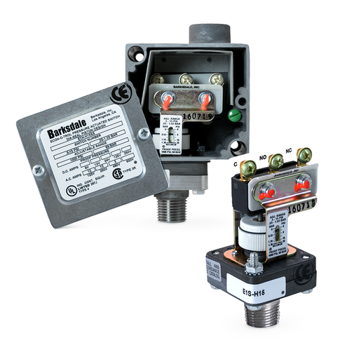 [E1H-R500] Barksdale E1H Dia-Seal Piston Pressure Switch, Housed, 15 Amps @ 125/250/480 VAC; 0.05 A @ 125 VDC; 0.03 A @ 250 VDC ADJUSTABLE DEADBAND, 25 to 500 psi, 1/4" NPTF