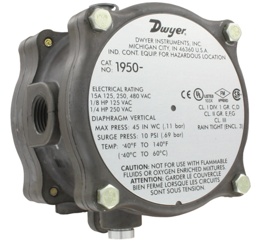 [1950-00-2S] Dwyer Differential Pressure Switch .07-.15" WC, 10G Mica Silver Contact, Silicone Diaphragm Material