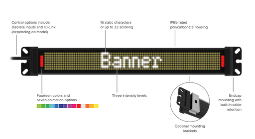 [817045] SD50 Status Display with IO-Link; 8 x 96 pixels. White Display LEDs; RGB indicator LEDs. 300 mm length; Polycarbonate; 18-30 V dc. 150 mm (6 in) 4-pin M12 PVC Pigtail QD SD50P300WKQP